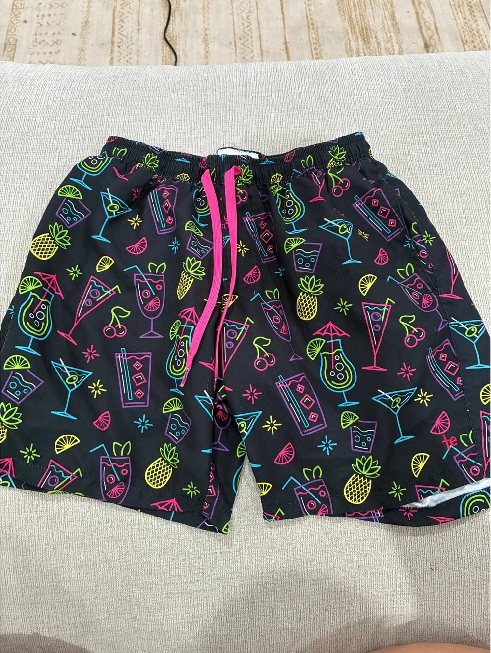 Tipsyelves Men's Black Swim Shorts with Neon Cocktail Print and Pink Drawstring